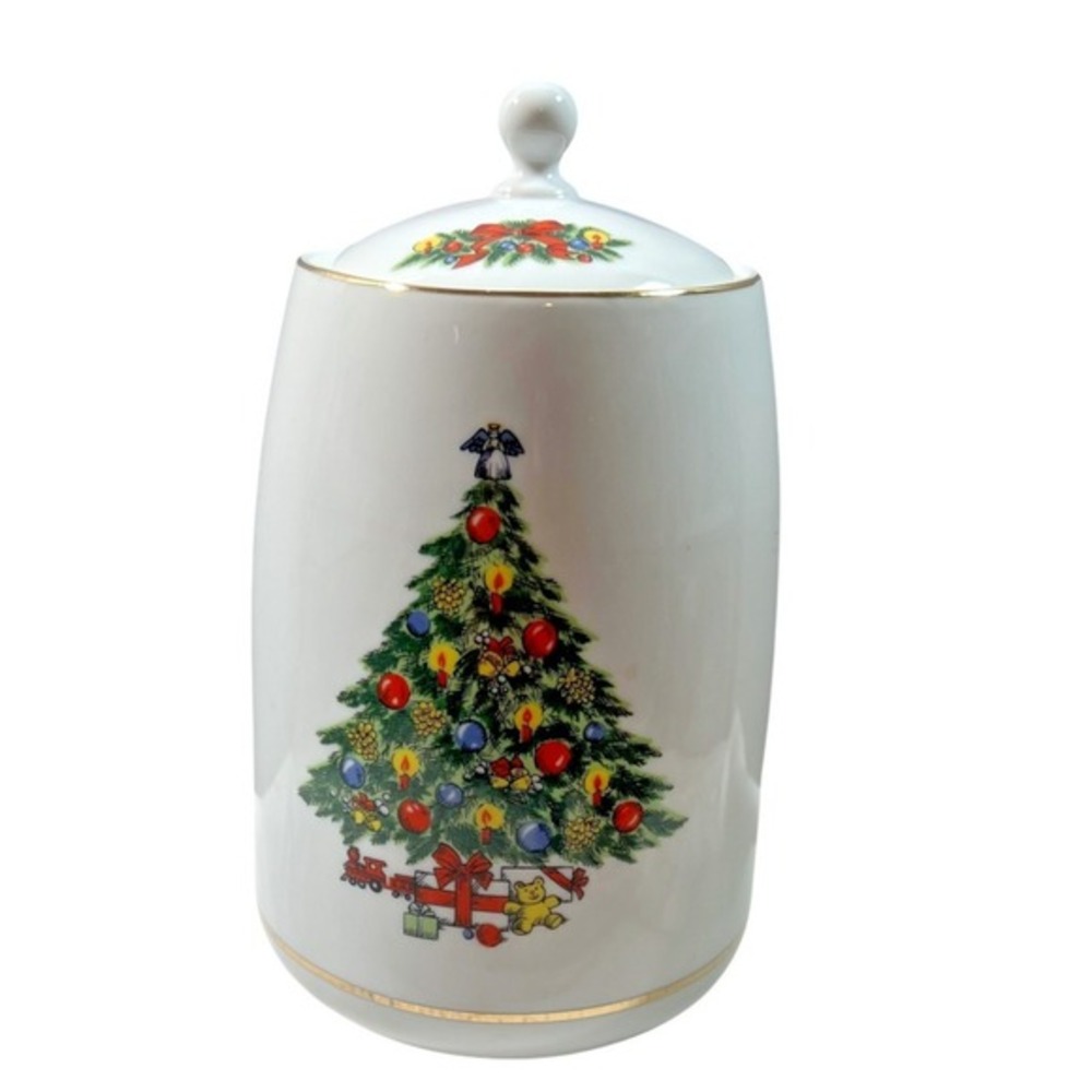 Jamestown China Canister White‎ Christmas Treasure Tree 24k Gold Trim Japan 8.5"